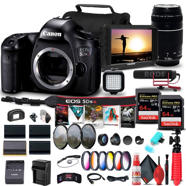 Canon EOS 5DS R DSLR Camera (Body Only) (0582C002) + Canon EF 75-300mm F/4-5.6 III Lens (6473A003) + 4K Monitor + Pro Mic + 2 x 64GB Memory Card + Color Filter Kit + Filter Kit + More