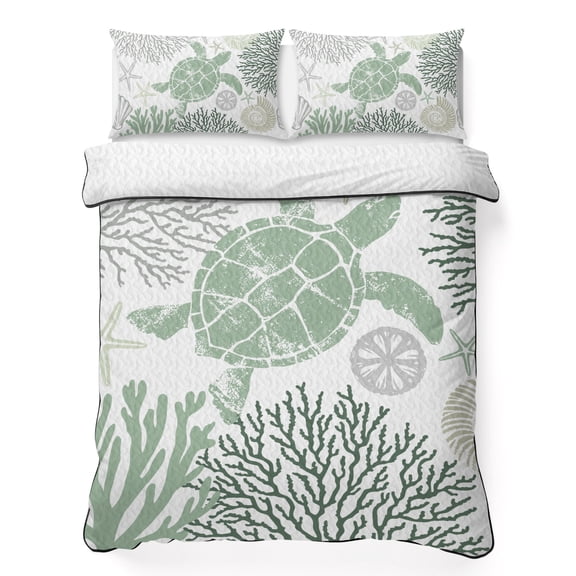 King Quilt Bedding Set Summer Sea Turtle Coral Starfish Summer Quilt Lightweight Quilted Coverlet with 2 Pillow Shams, Sage Green Gray Ocean Theme 3-Piece Bedspread Quilt Set for All Season