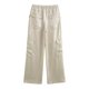 thumbnail image 3 of HH TRAF Pantalones cargo con textura de satén de seda versátiles a la moda para mujer, elegantes, con cintura elástica, con múltiples bolsillos, hasta el tobillo, 3 of 4