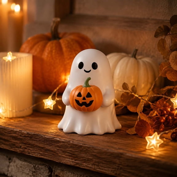 Resin Cute Ghost Holding Pumpkin Figurine,Halloween Tabletop Indoor Outdoor Spooky Festival Decor Ornament for Mantel,Shelf,Porch,Gift