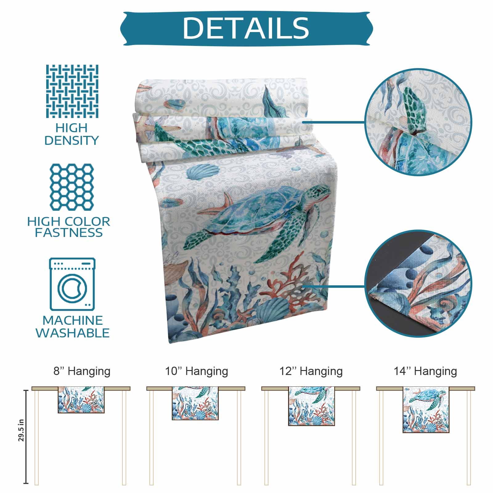 Table Runner Dresser Scarf 13 x 36 Inch Summer Turtle Seashell Coral Starfish Seaweed Colorful Ocean Table Runners Non-Slip Heat Kitchen Dining Table Decor for Indoor Outdoor Home Party Decoration