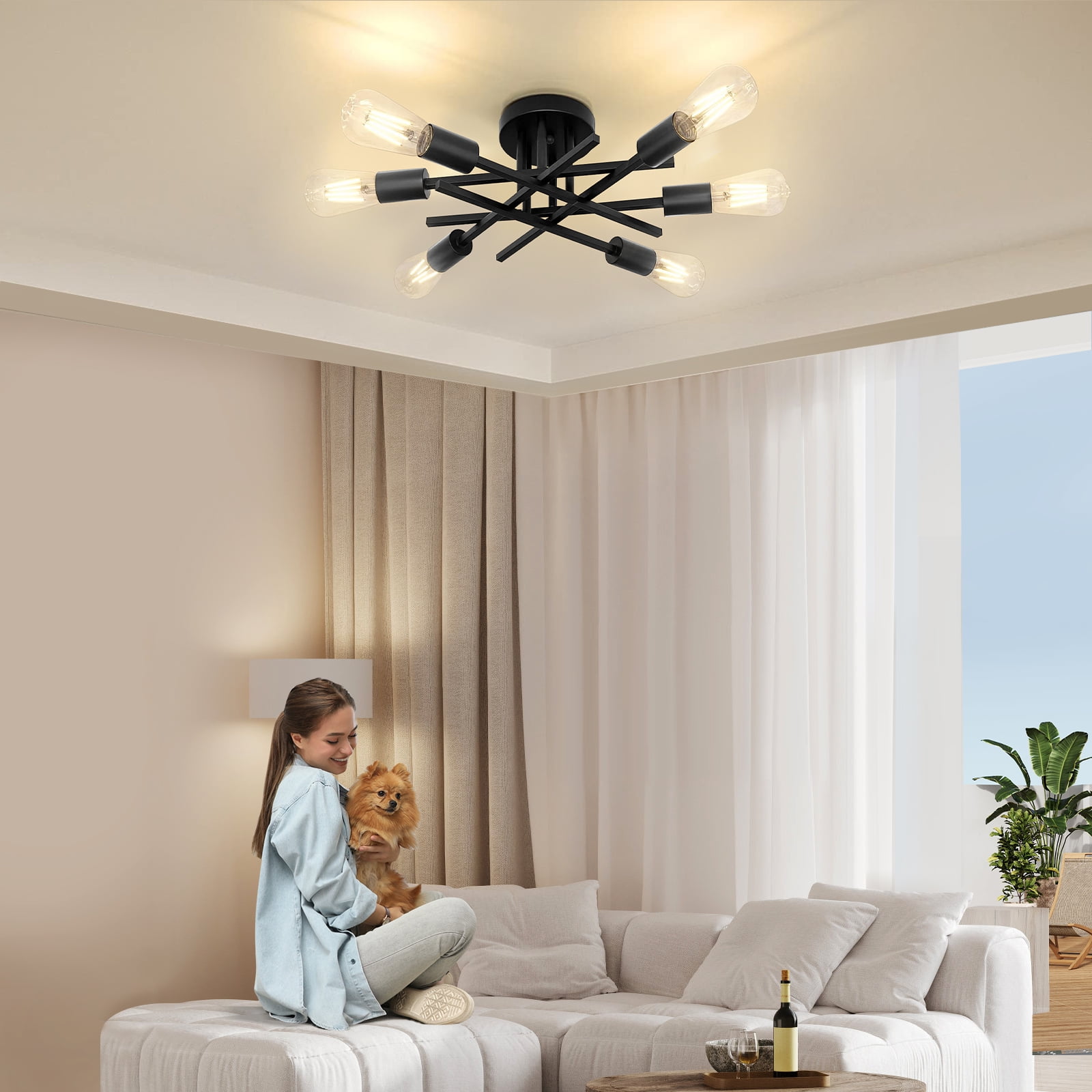 DONGPAI Modern Sputnik Chandelier Ceiling Light Fixtures, 6-Lights Industrial Dining Room Light Fixture Semi Flush Mount Ceiling Light for Kitchen Bathroom Living Room Bedroom Hallway