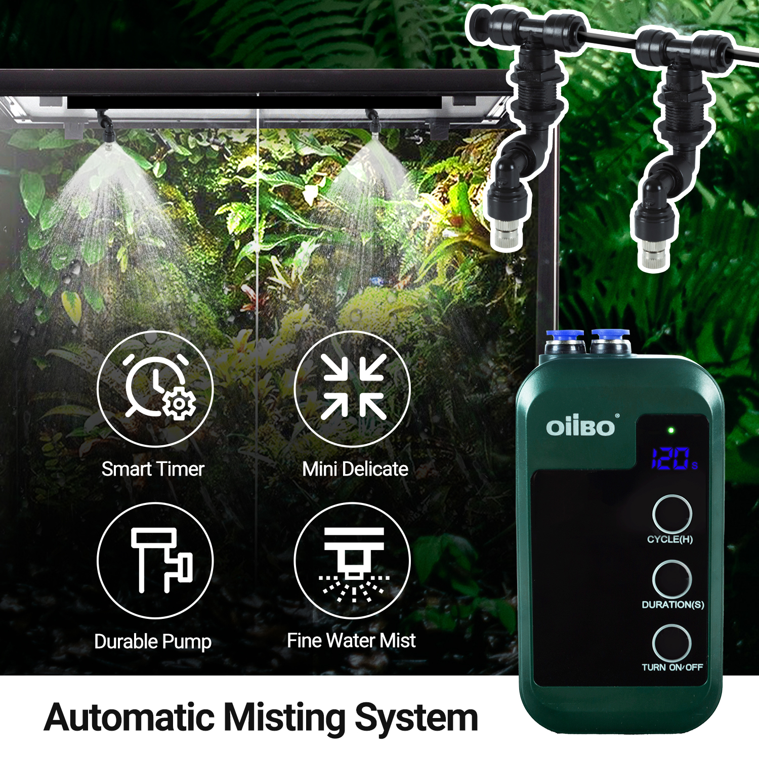 OIIBO Automatic Reptile Humidifier Spray System with 360°Adjustable Misting Nozzles for Reptile Terrariums
