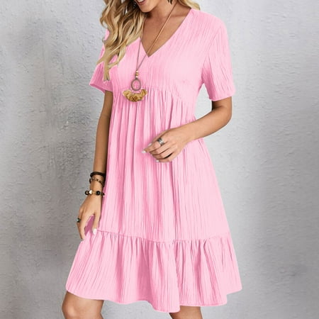 FDGIU 2025 Women s Casual Tiered Swing Midi Dress - Summer V-Neck Ruffle Sleeve A-Line with Pockets Boho Chic Style