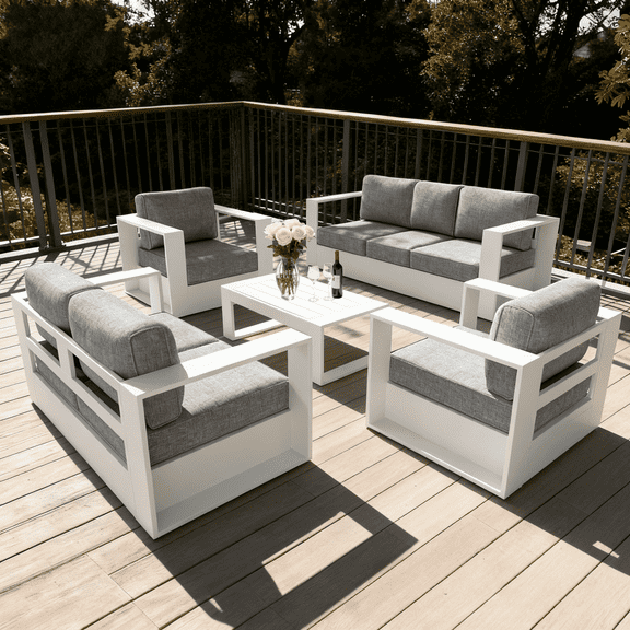 LayinSun Oversized Aluminum Outdoor Furniture Set, 5 Piece Patio Sofa Sets with Coffee Table, Deep Seating and Upgraded 6-inch Cushions for Porch, Balcony, Deck