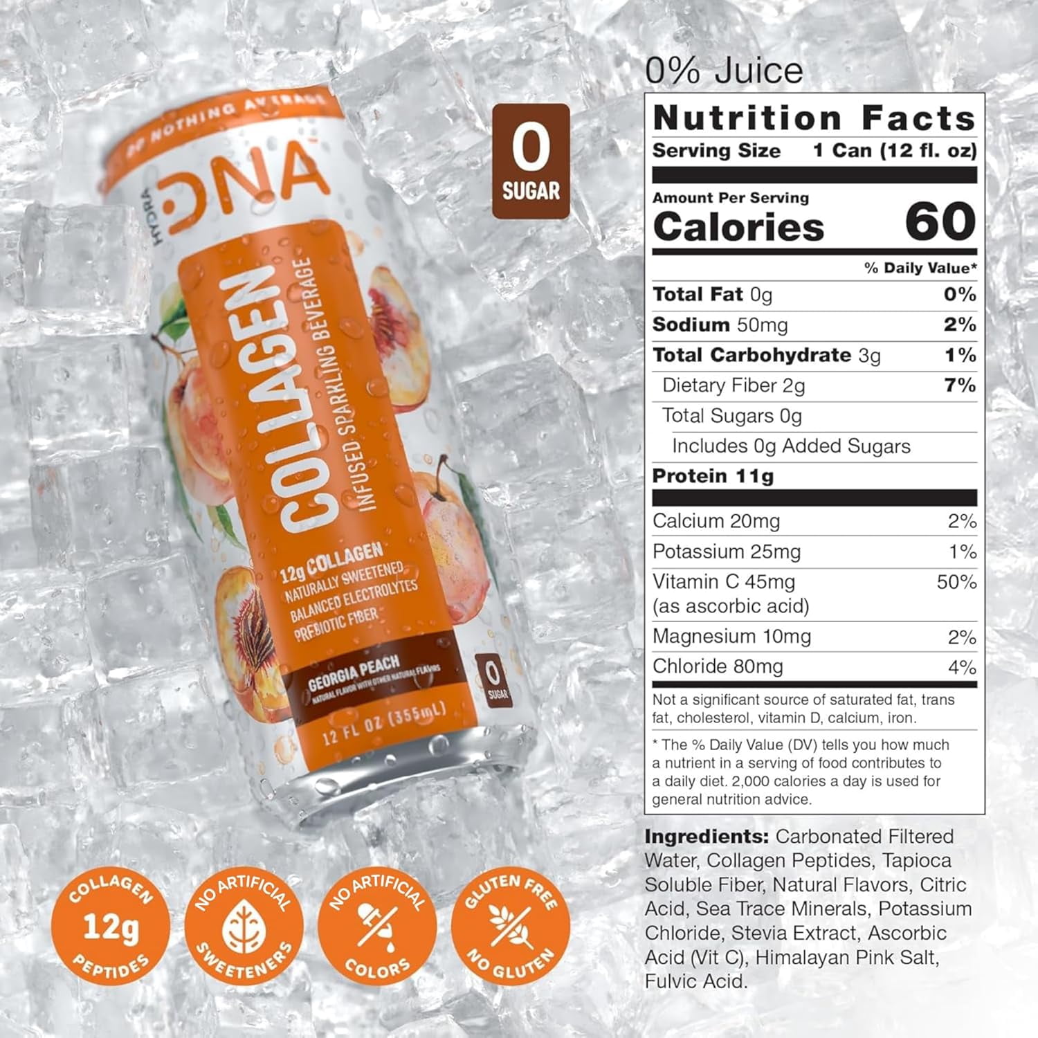 HYDRADNA Collagen Sparkling Protein Water Drink, Georgia Peach Flavor, Sugar-Free, Keto-Friendly, Gluten-Free, 12 Pack, 12 fl oz