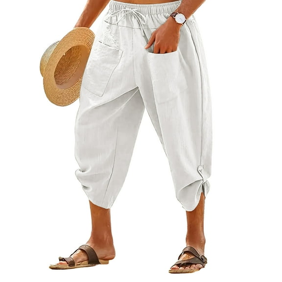 GLESTORE Men's Linen Pants Mens Capri Pants Elastic Waist Summer Beach Casual White L