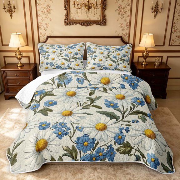 Erosebridal Botanical Daisy Twin Quilt Set, Cartoon Blossom Twin Coverlet Set, Stars Reversible, White Blue, 2-Piece (1 Bedspread and 1 Pillowcase)