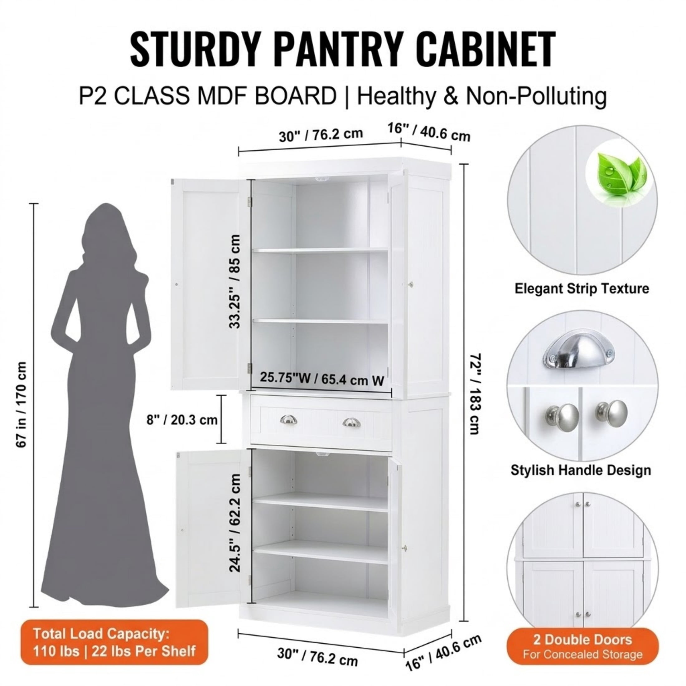 72" Kitchen Pantry Storage Cabinet, Tall Freestanding Utility Cabinet with Doors, Drawer and 3 Adjustable Shelves, White Food Buffet for Kitchen, Dining Room, Laundry
