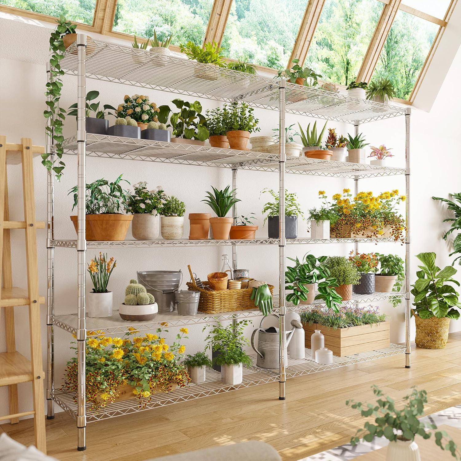 Legooin 5-Tier Garage Rack for Storage Wire Cube Storage Rack Height Adjustable Corner Shelving Unit for Pantry Balcony 60"W x 14"D x 72"H, Silver