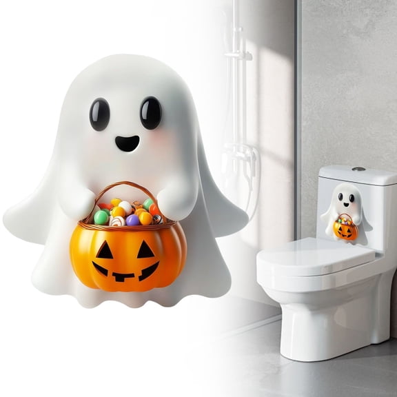 Clearance Under $2.26! 2PACK Halloween Bathroom Stickers, Ghost & Pumpkin Decals for Toilet & Wall Decor, PVC, (11.8x11.4in, White)