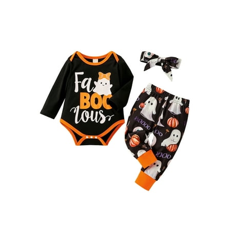 

Sunisery Newborn Baby Girl Boy Halloween Outfits Long Sleeve Pumpkin Ghost Print Romper Pants Headband 3Pcs Clothes Black 3-6 Months
