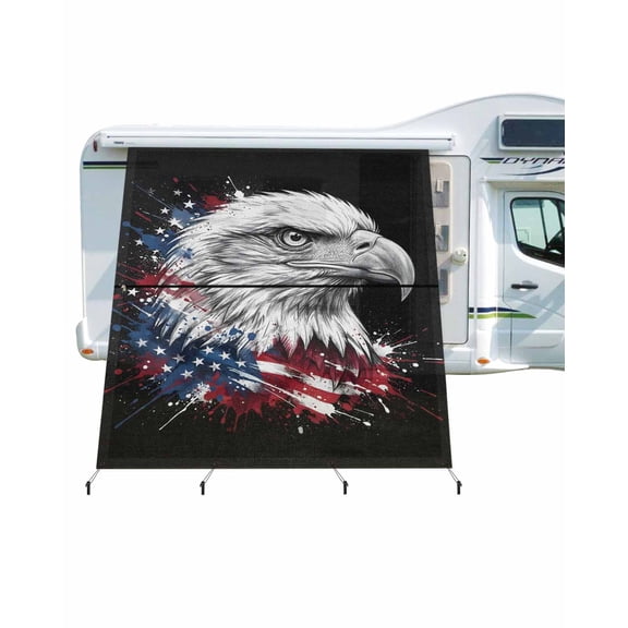 4th of July RV Awning Sun Shade Screen 9'X7' Patriotic Bald Eagle Mesh Sunscreen American Flag Ink Splatter Awning Shade Screen with Zipper UV Blocker Completed Kits for RV Motorhome Camper