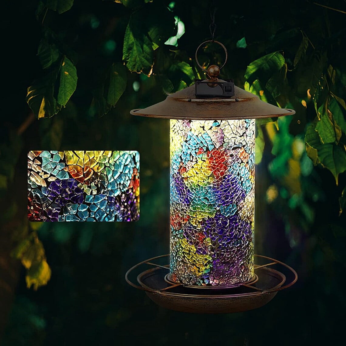 EpicGadget Outdoor Wild Birds Feeder with Fairy Solar Lights Hanging for Outside, Mosaic Lantern Design Solar Birdfeeders Hanging Lantern for Garden Yard Outdoor Decoration, Gift Ideas for Bird Lovers