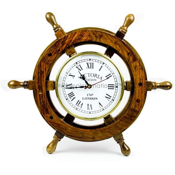 Nagina International Nautical Handcrafted Wooden Premium Wall Decor Wooden Clock Ship Wheels | Pirate's Accent | Maritime Decorative Time's Clock (12 Inches, Clock Size - 6 Inches)