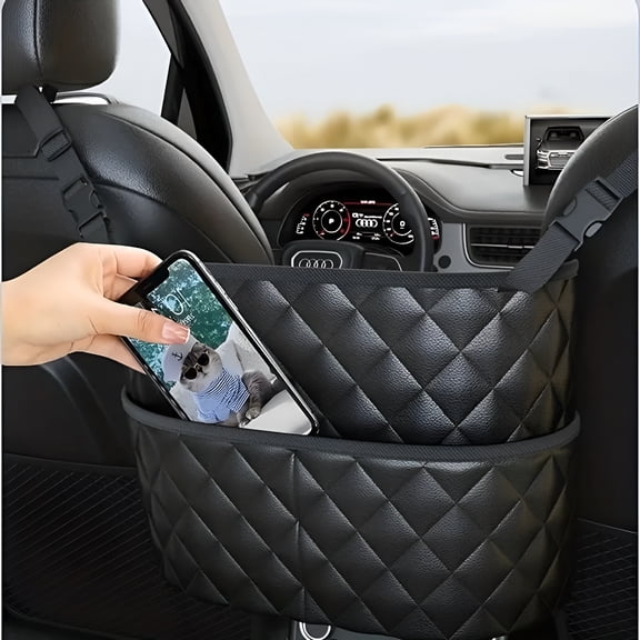 LAMIRO Car Pocket Handbag Holder PU Leather Between Car Back Seat Storage Bag Organizer Black