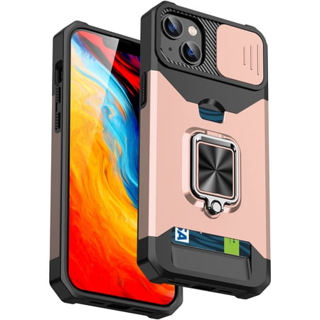 For iPhone 13 Case with Card Holder & 360° Magnetic Ring Stand Heavy Duty Camera Lens Slide Dual Layer Shockproof Hidden Card Slot Slim Wallet Phone Case Cover for Women Men,Rosegold