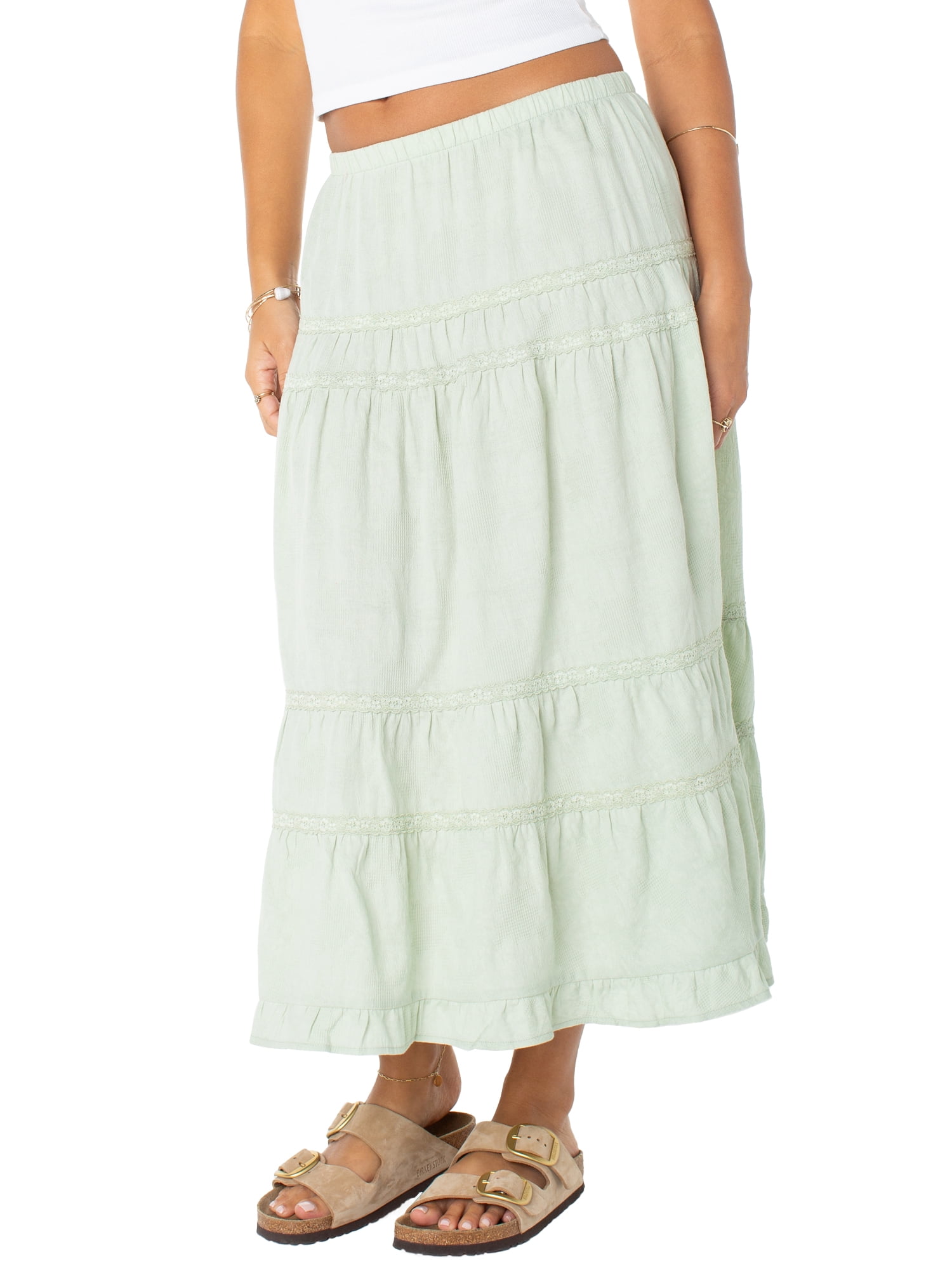 Celebrity Pink Women's and Women's Plus Tiered Ruffle Skirt with Lace Trim, Sizes XS-XXXL