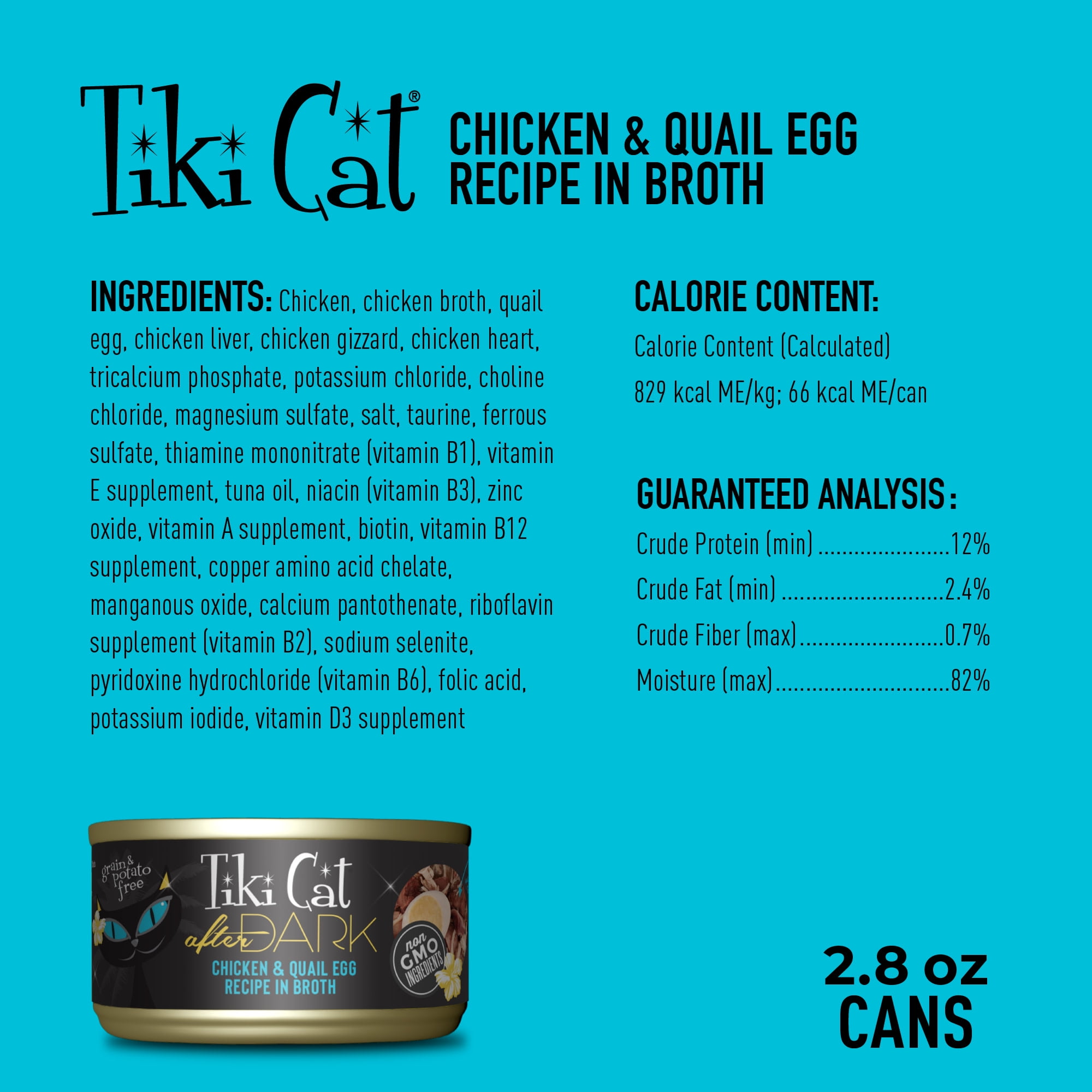 (24 pack) Tiki Cat After Dark Whole Foods Wet Cat Food, Chicken & Quail Egg, 2.8 oz. Can