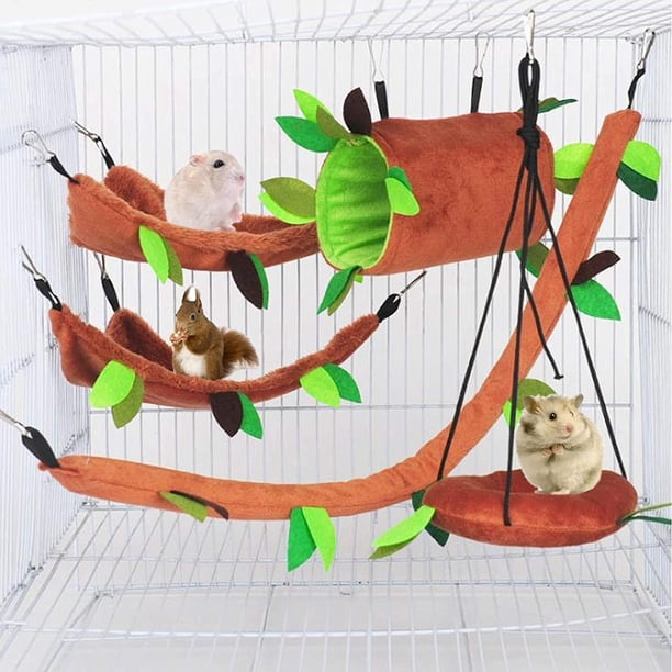 Juego de 5 piezas Hamaca para hámster Animal pequeño Colgante Cama cálida Casa Jaula Nido Accesorios Modelo de bosque Jaula Juguete Hoja Colgante Túnel y columpio Planeador de azúcar