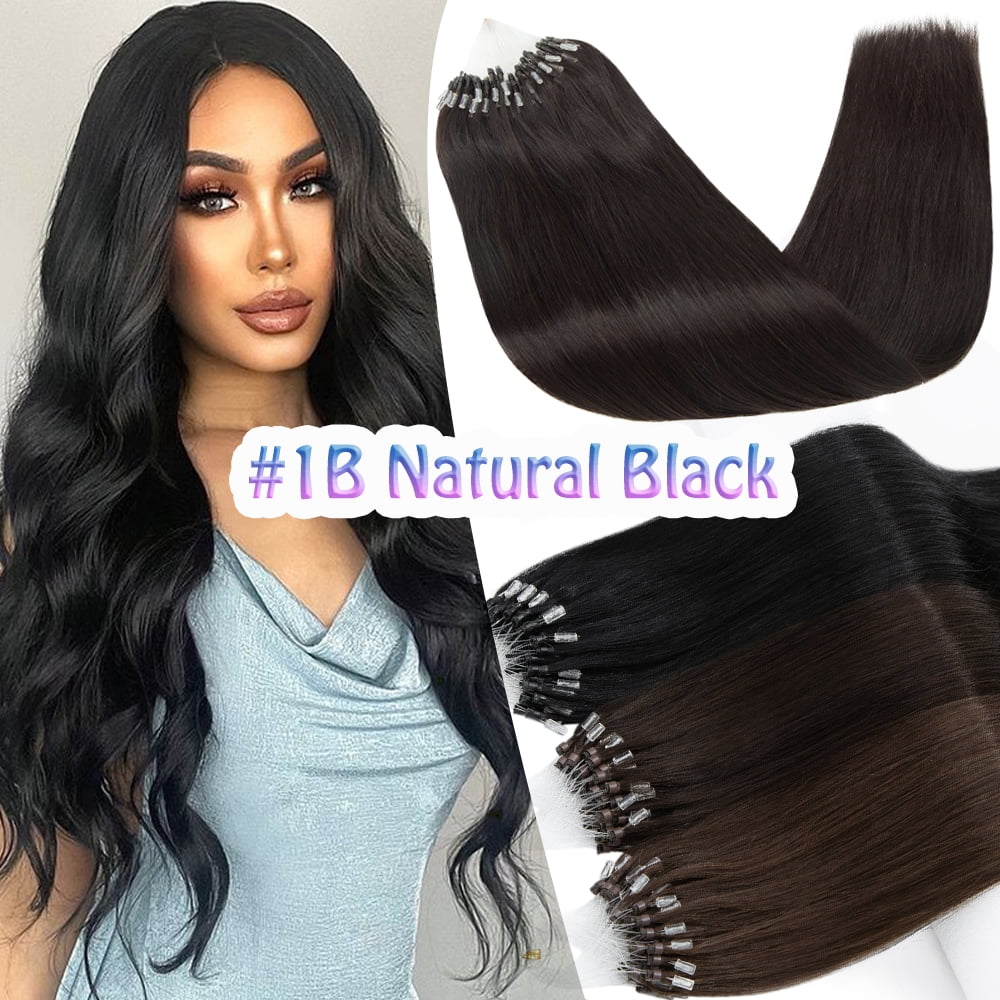 Benehair 100% Remy Real Human Hair Extensions Micro Ring Easy Loop In Hair Tips Nano Beans Russian Remy Hair Thick Strands 50g 16"-24" Striaght Black