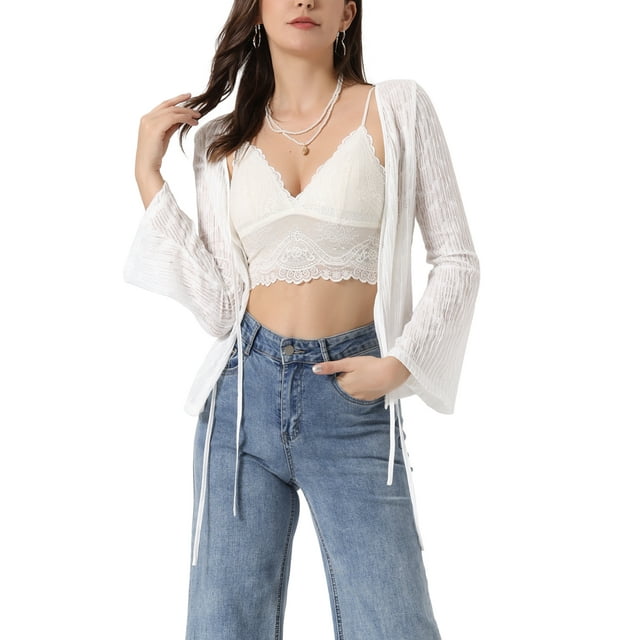 Top de encaje INSPIRE CHIC para mujeres con lazo delantero, bolero de manga larga acampanada blanca XS