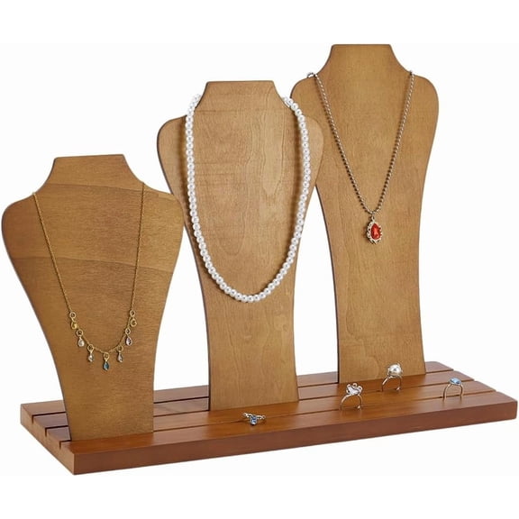 1set PH Wood Necklace Display Stands 3-Row Necklace Holder Wooden Necklace Display Rack with 3 Removable Displays Bust Jewelry Display for Necklaces Rings Craft Selling Vendors Showcase Storage Brown