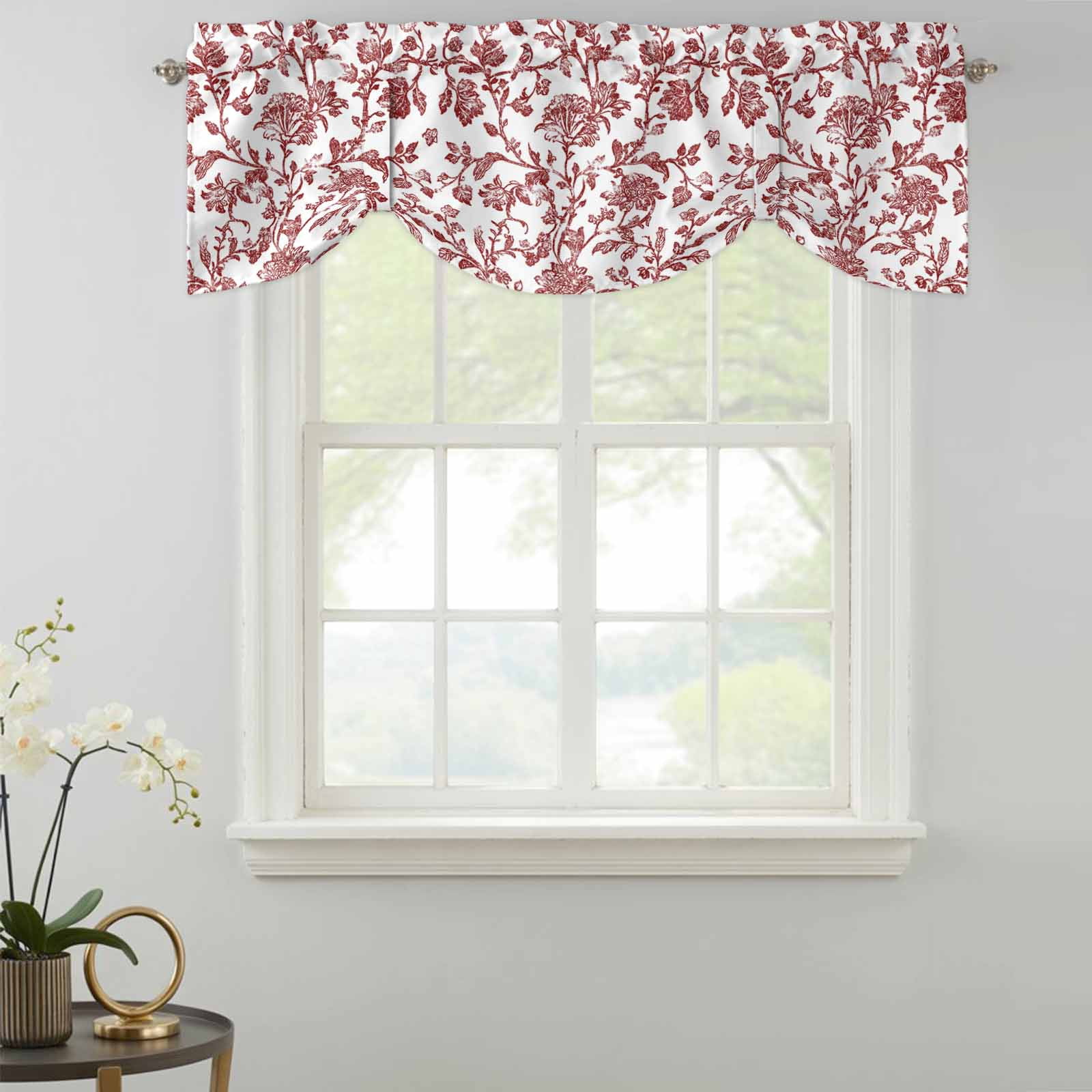 Dark Red Floral Paisley Tie Up Valance for Windows Boho Leaf Vintage Farmhouse Linen Adjustable Curtain Valance Rod Pocket Balloon Shade Window Treatment for Kitchen Living Room Bedroom 60x18inch