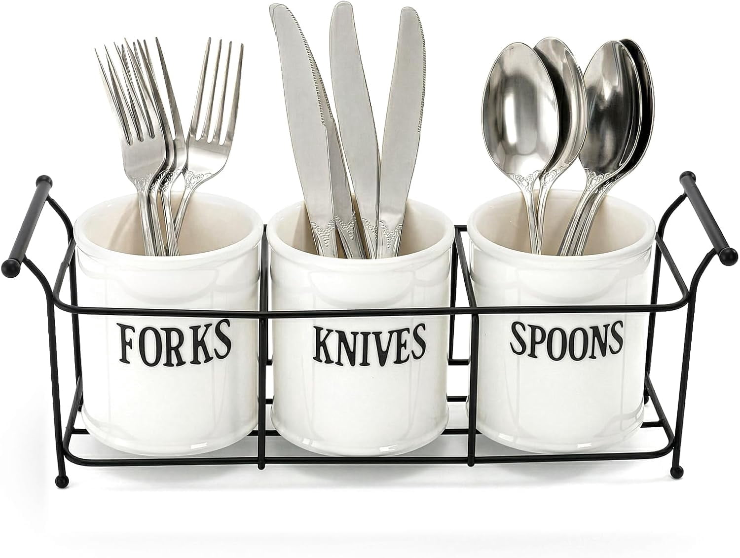 3-Piece White Ceramic Silverware Caddy with Black Metal Rack, Utensil Holder Flatware Caddy Cutlery Storage Organizer for Kitchen Table, Cabinet or Pantry