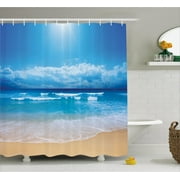 Beach Shower Curtain, Seascape Theme Landscape of the Beach and the Cloudy Sky in Summer