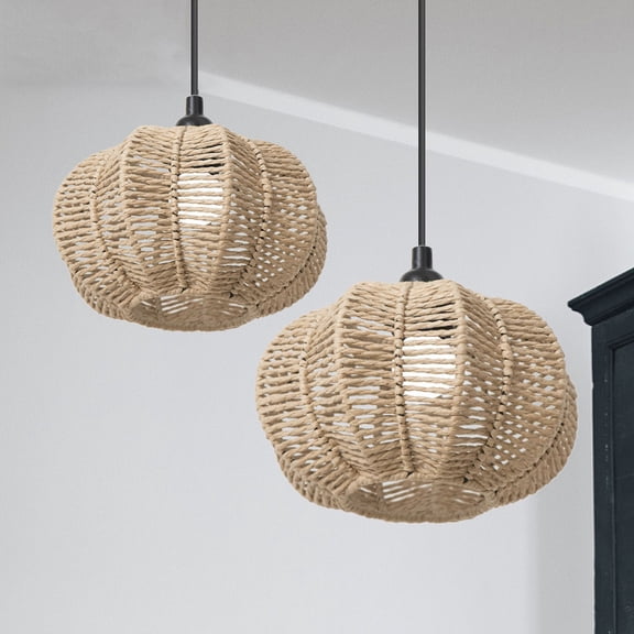 9.06in Living Room Iron Frame Rattan Lamp Shade Handwoven Rope Pendant Light Cover Rustic Round Ceiling Lighting Decorative Accent