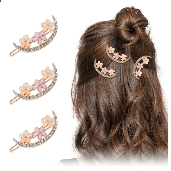 Elegant Floral Metal Hair Clips for Women and Girls Three Piece Set with Shimmering Rhinestone Gold Hair Accessories