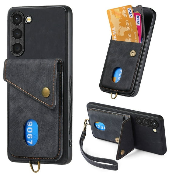 for Samsung Galaxy S22 PU Leather Back TPU Frame Case, Card Slot Magnetic Snap with Removable Wrist Strap Support Magnetic Car Mount Kickstand Cover for Samsung Galaxy S22, Black