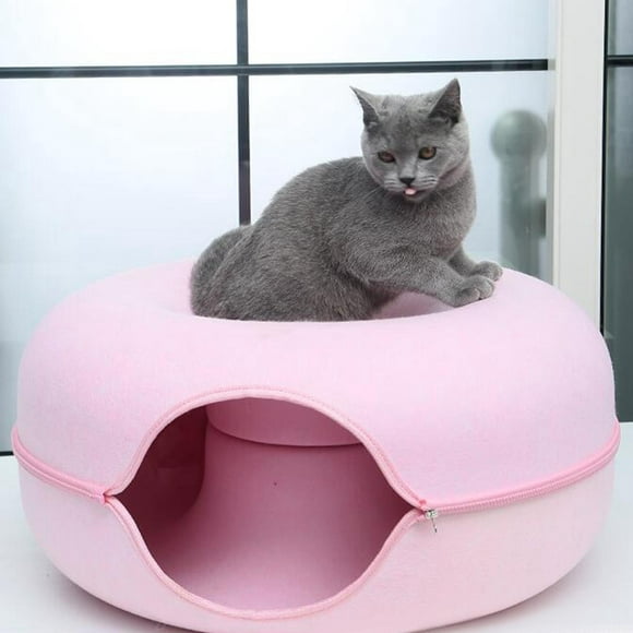 Cat Tunnel Bed Universal for All Seasons Washable Breathable Cat Cave Donut Pink 50cm