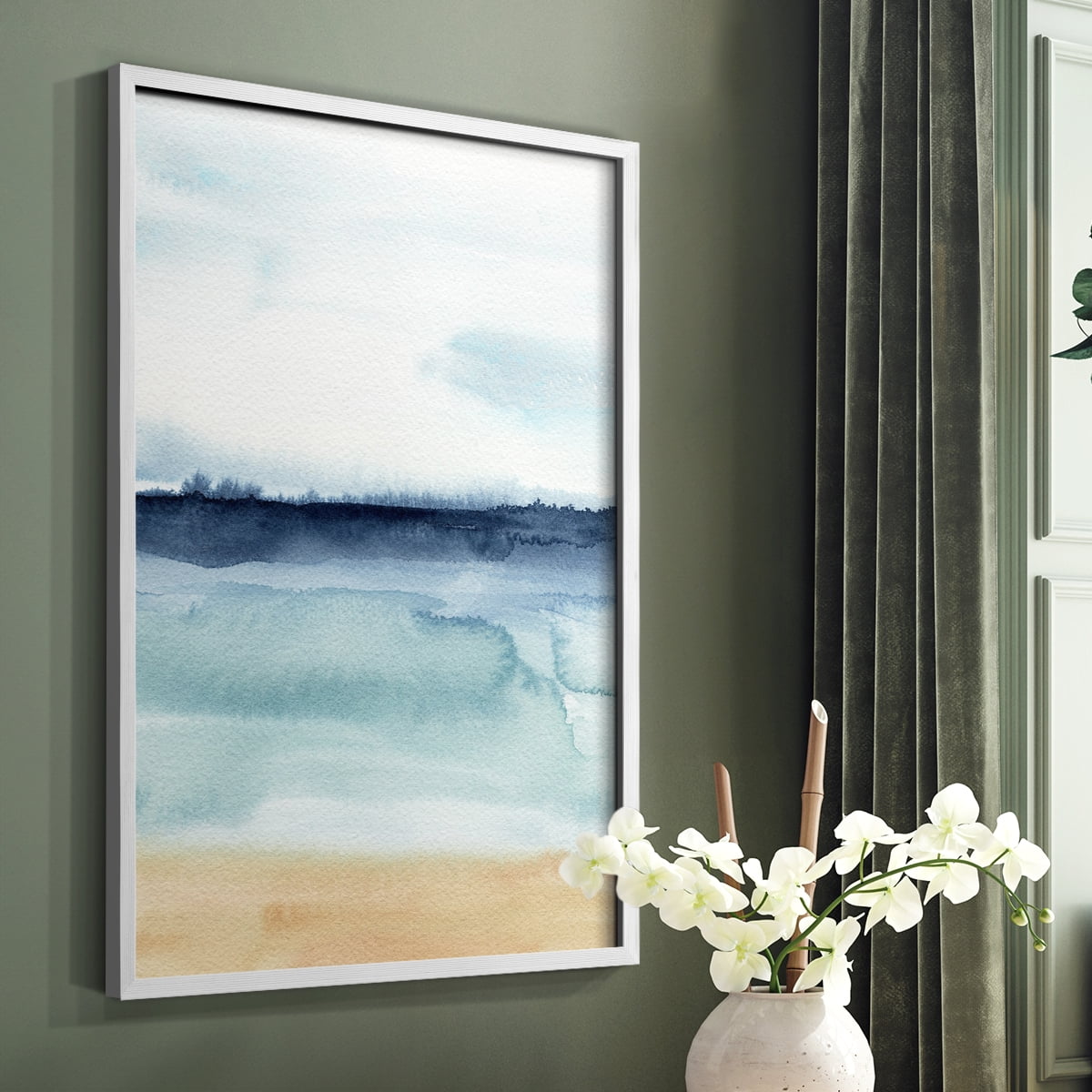 Watercolor Ocean Horizon I Framed Print in White Solid Wood 11 x 14 Framed Print