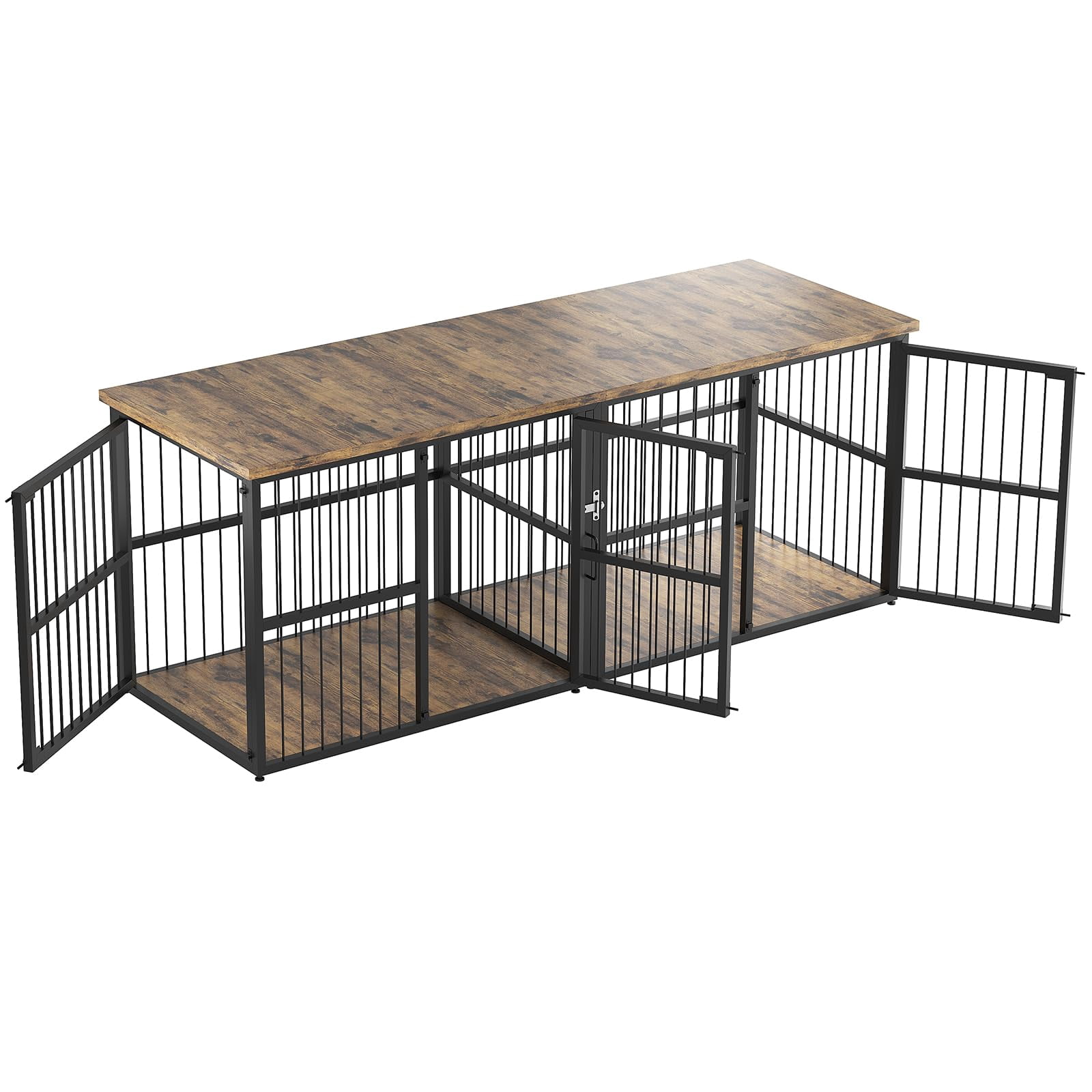 Extra Large 87" Double Dog Crate with Divider – Heavy Duty Wooden Kennel TV Stand with 3 Lockable Doors for 2 Dogs, Suitable for Small, Medium, or Large Dogs, Black