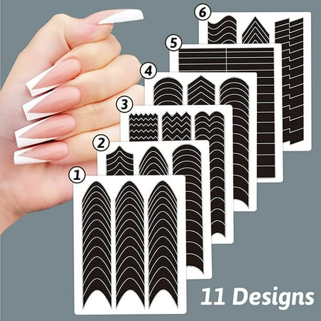 1422 Pcs French Tip Nail Guides, Self-Adhesive French Moon Shaped V-Shaped Manicure Strip Stickers for Edge Auxiliary Black DIY Decoration Stencil Tools(11 Designs, 36 Sheets)