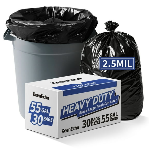 KeenEcho Heavy Duty Contractor Trash Bags 55-60 Gallon, 30 Count, 2.5Mil Extra Thick, Strong Black Garbage Bags, Leakproof Star Seal for Construction, Yard, Demolition Debris