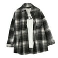 thumbnail image 3 of BiZtdJrK Plaid Shirts for Women Long Sleeve Button Down Lapel Coat Casual Lapel Shacket Jacket with Pocket Work Tops, Black, L, 3 of 4