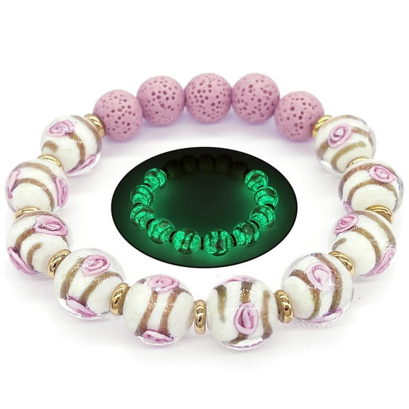 ARTSY Crafts Glow in The Dark Bead Bracelet, 12mm White Rose Crystal Beads Bracelet, Pink Rose Flower Beads Stretch Bracelets Womens Mens (White Rose 6-7")
