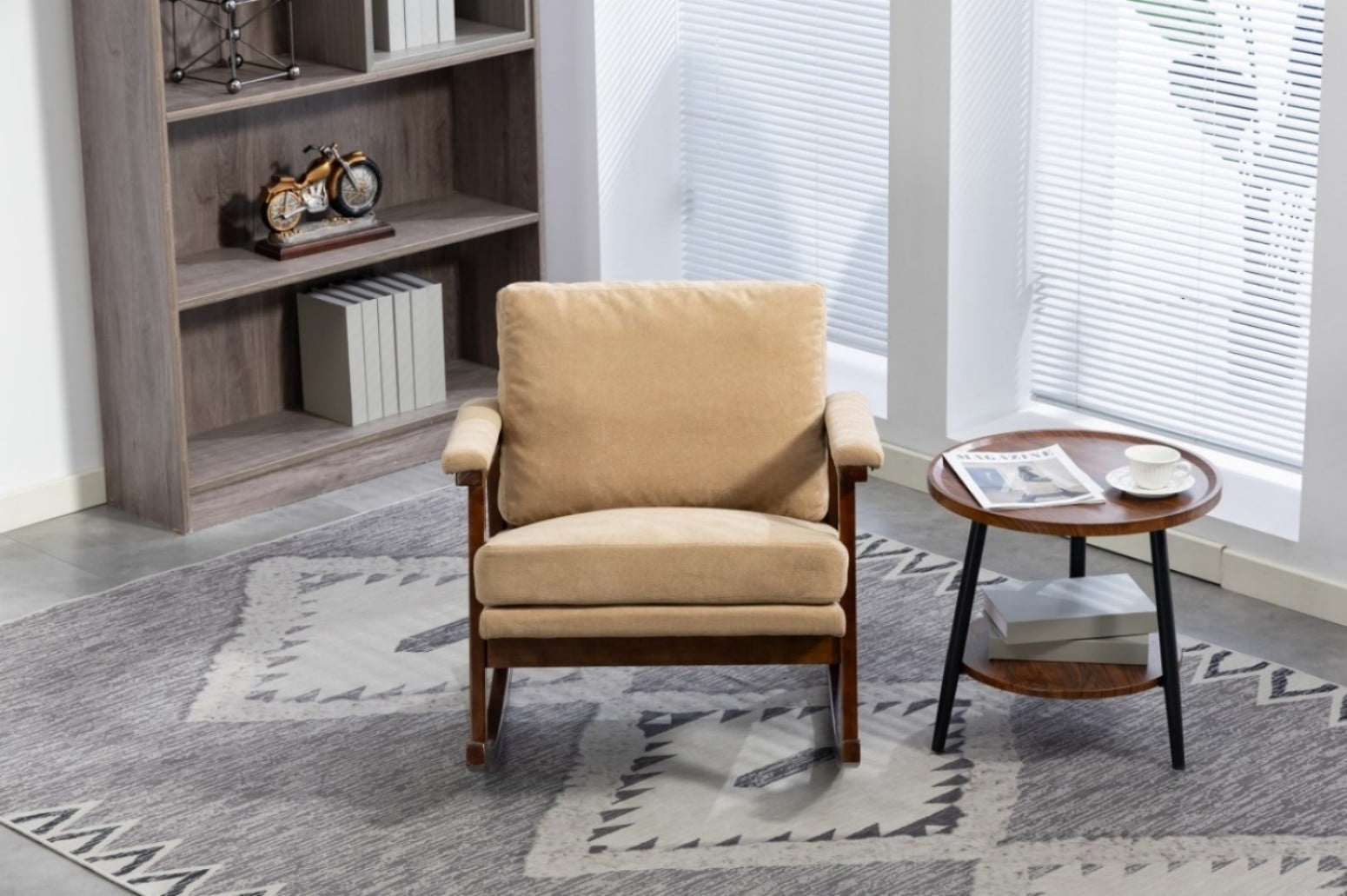 Mid-Century Modern Rocking Accent Chair with Wood Frame, Upholstered Reading Armchair with Waist Cushion, High-Density Foam Lounge Chair for Living Room, Bedroom, Sunroom, Khaki