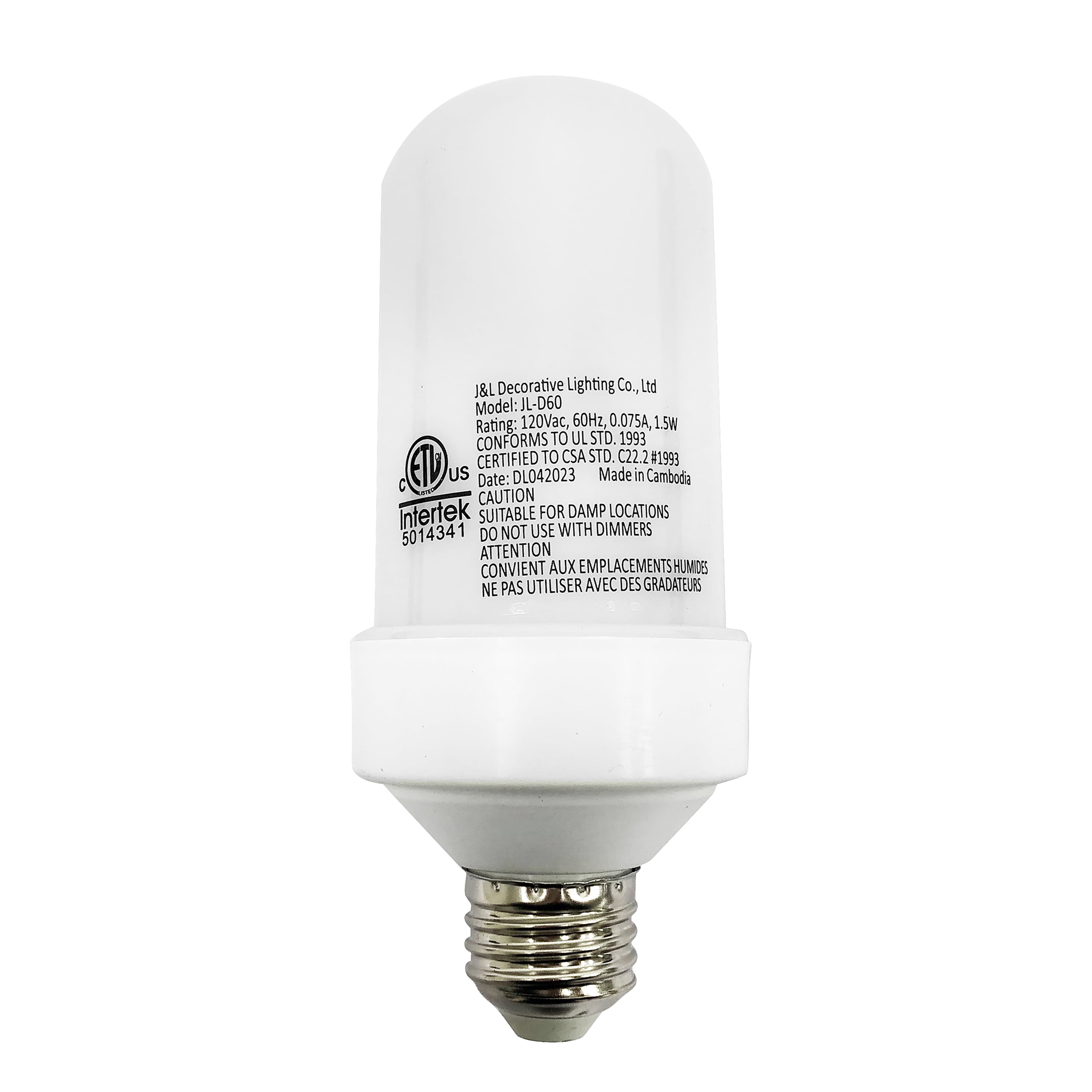 Indoor LED Flame D60 Christmas Light Bulb, 1.5 Watts, E-Z Illuminations