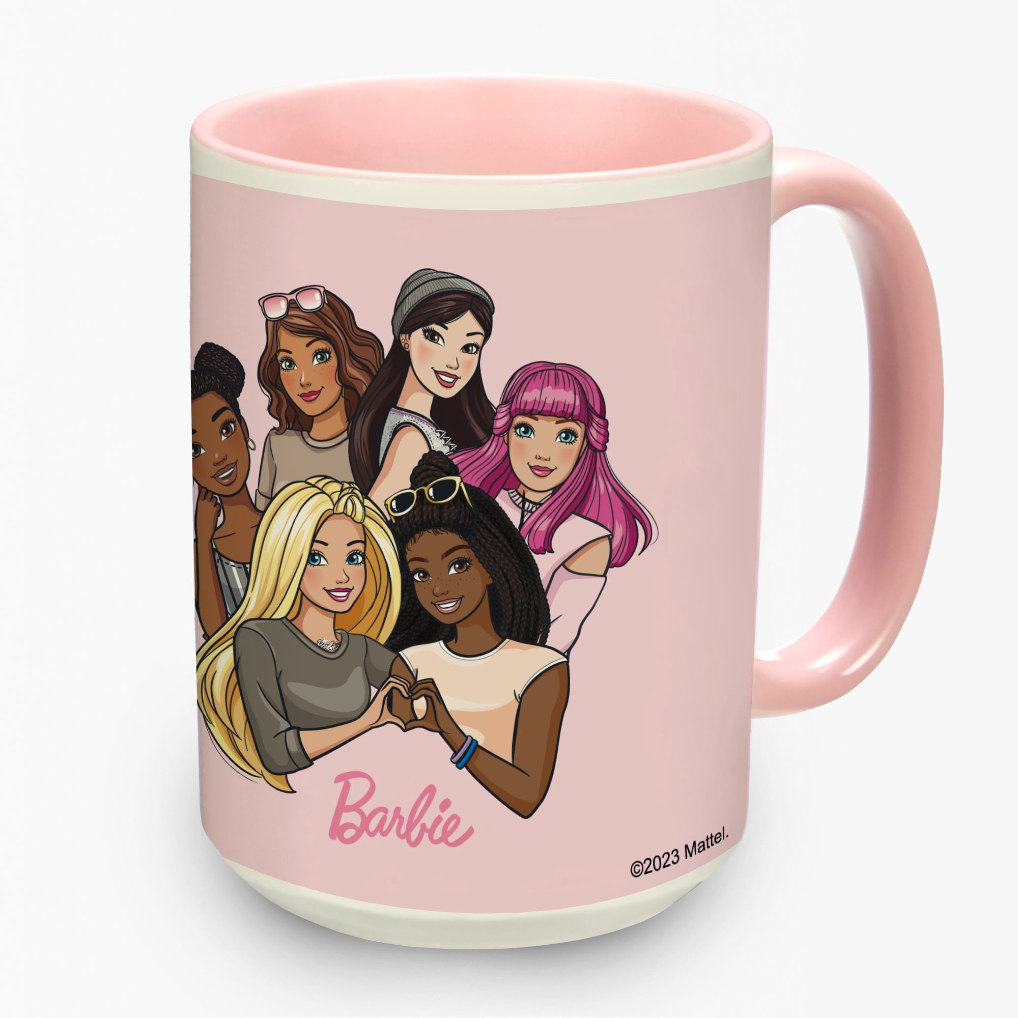 Personalized 15 oz Pink Barbie Mug, Heart Friends