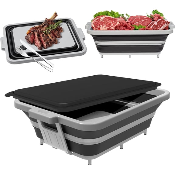 Collapsible BBQ Prep Tub with Lid — 2 Gal (8 L) Foldable Camping Sink & Colander, 4-in-1 Marinating Tub, Cutting Board, Serving Tray & Drink Chiller for Picnic, BBQ & Outdoor