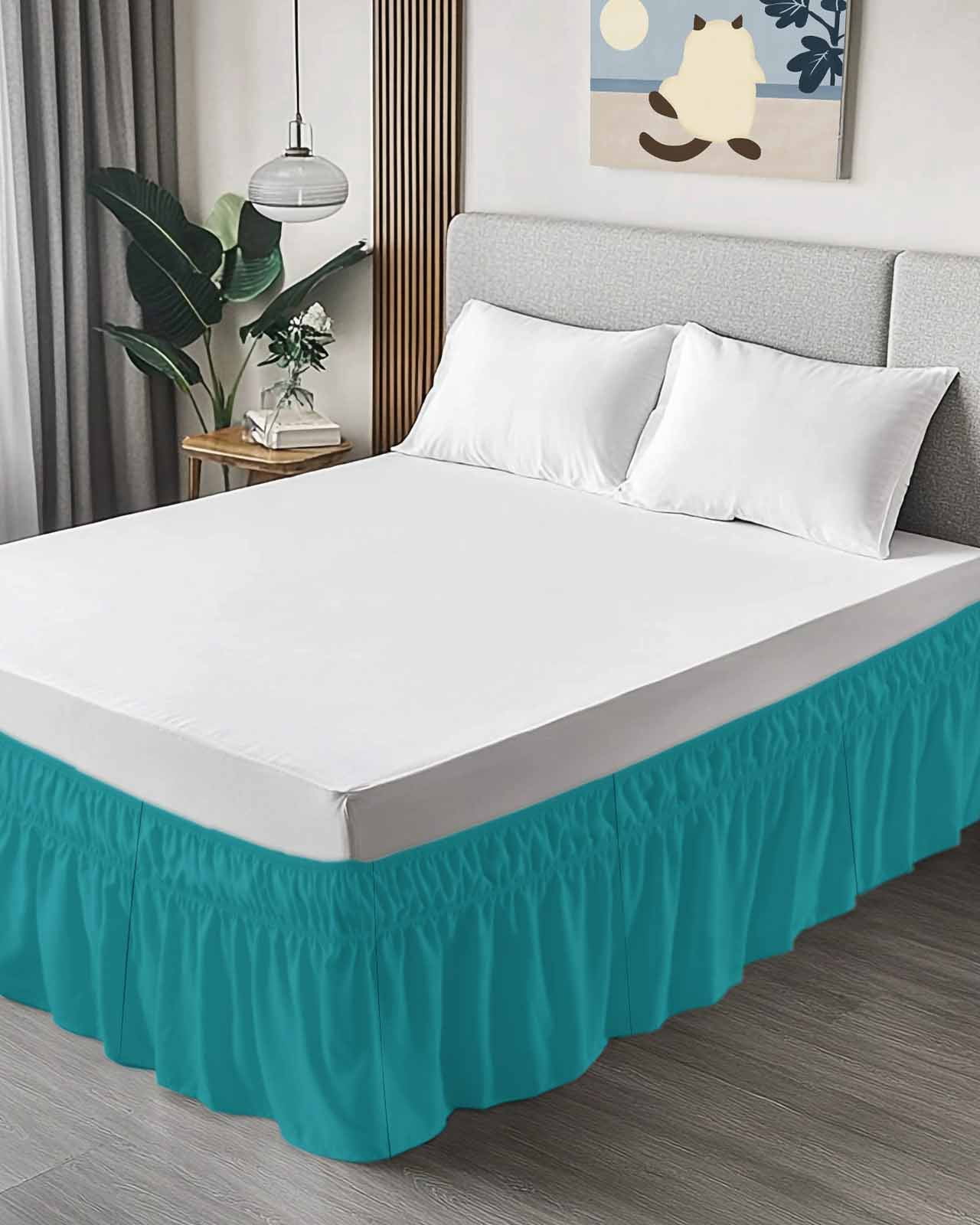 Teal Bed Skirt Solid Color Bed Skirts Queen Size 16 Inch Drop, Wrap Around Dust Ruffle&nbsp;Bedskirt with Adjustable Elastic Belt for Queen Size Beds