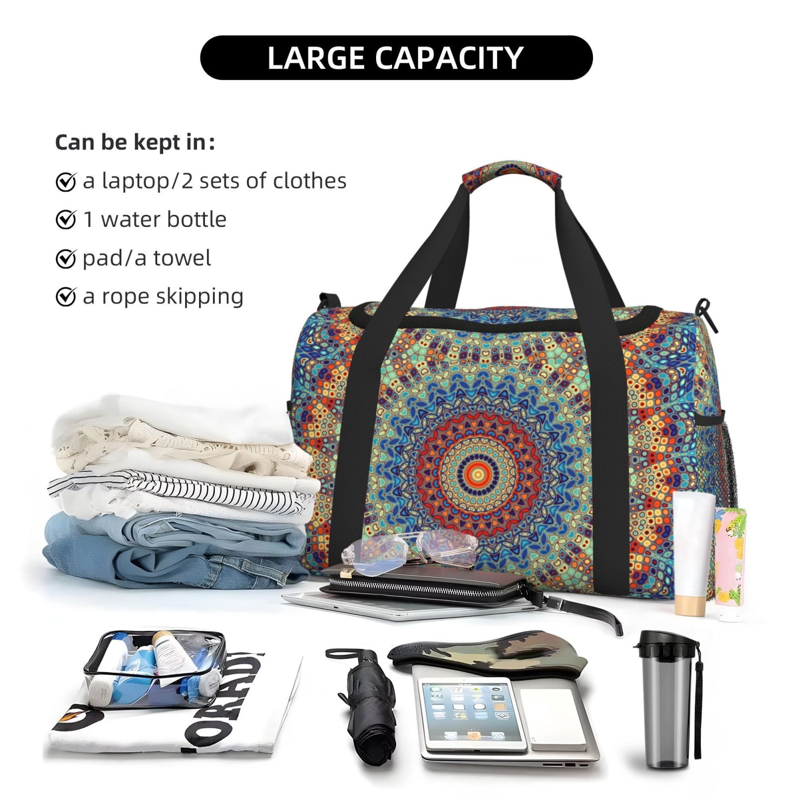 Fuzoiu Round Mandala Print Travel Duffle Bag,Carry On Tote Bags,Duffel Bag,Sport Gym Bag, Hospital Bag for Labor and Delivery, Overnight Bag,Luggage Bag