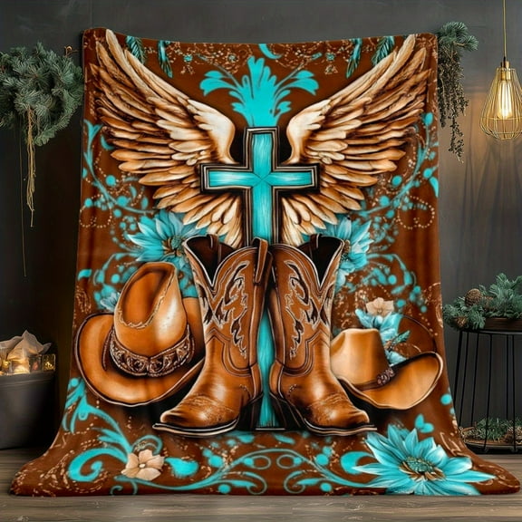 1pc Western Cowboy Angel Wings & Cross Print Flannel Throw Blanket - Lightweight Soft Warm All-Season Portable Blanket for Sofa, Office - Fantasy Western Theme Decor with Vibrant Digital Print