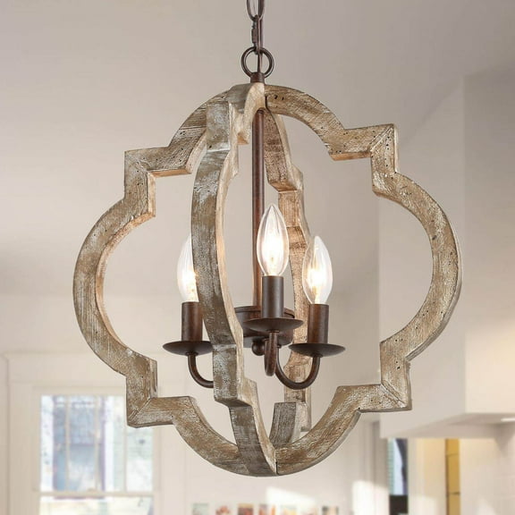 LNC 3-Light Distressed Brown Wood Farmhouse Globe Chandelier, Wood Vintage Pendant Light