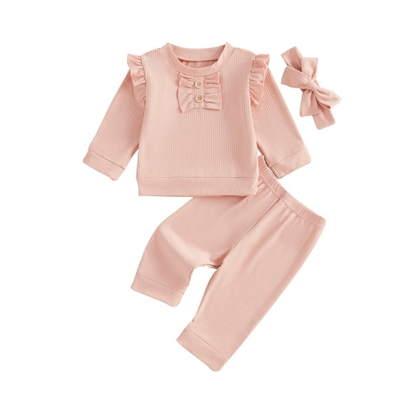 Toddler Baby Girls Fall Clothing Set 0 6 12 18 24 Months 2T 3T Solid Color Long Sleeve Round Neck Ruffled Tops Long Pants Headband 3-Piece Outfits