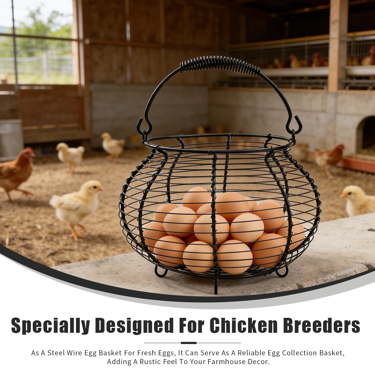 Farmhouse Wire Egg Basket with Handle - Round Metal Chicken Egg Holder for Collecting Fresh Eggs and Countertop Display